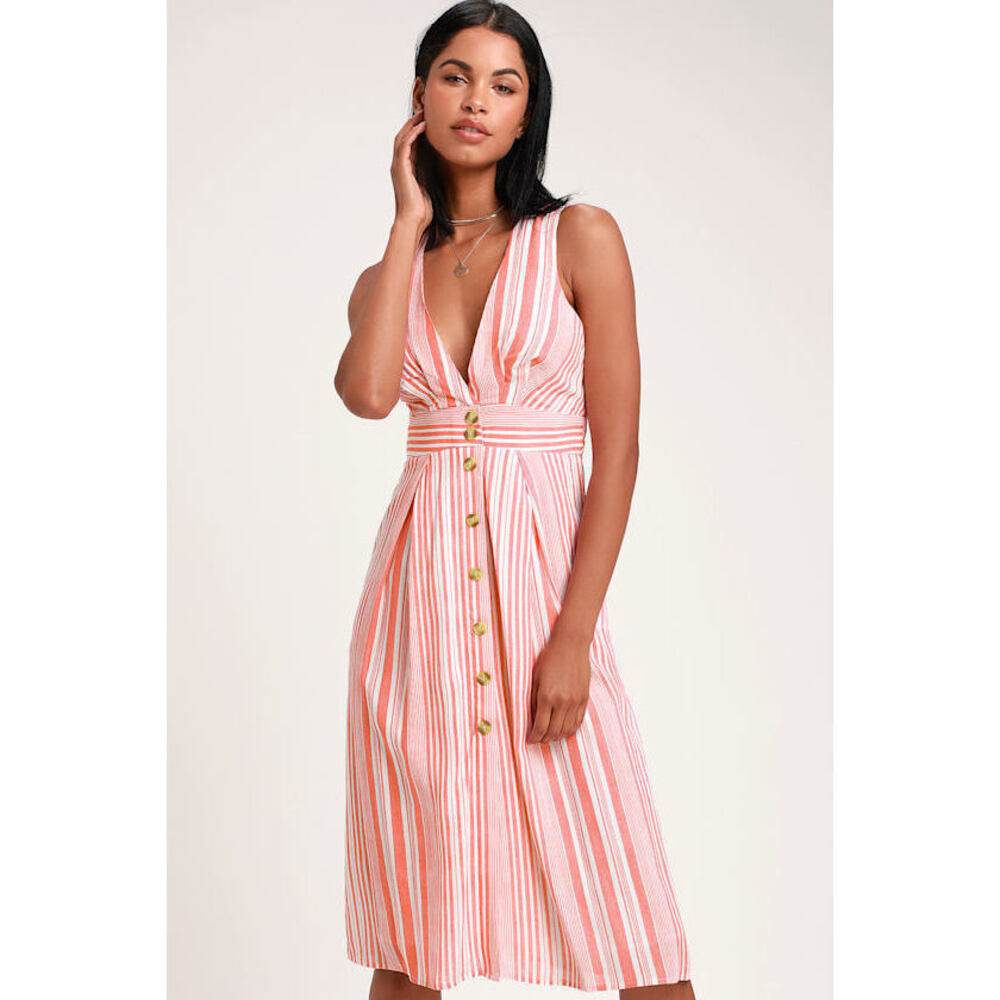 Lulus Estnelly Red Striped Button-front Midi Dress - Size S